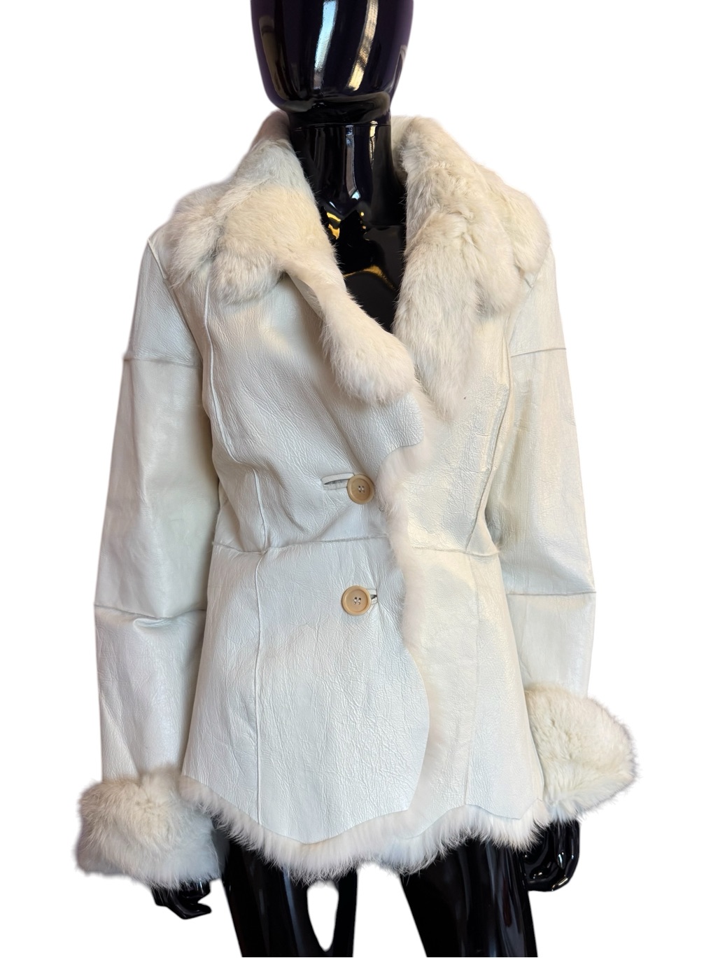 Women's White Shearling Leather Coat Rabbit Fur Trim